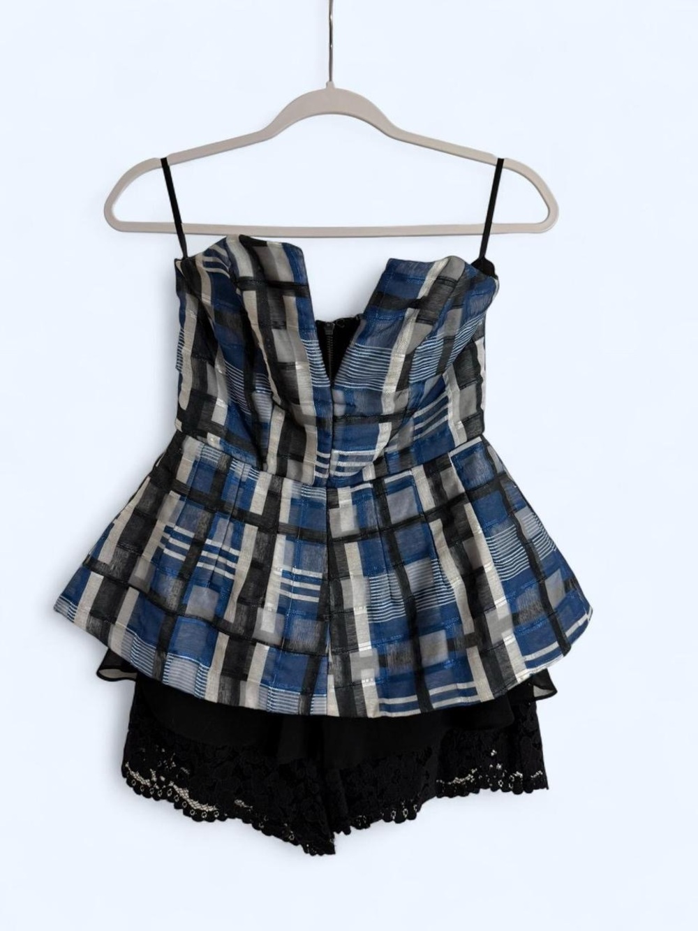 NBD Blue White and Black Plaid Strapless Romper